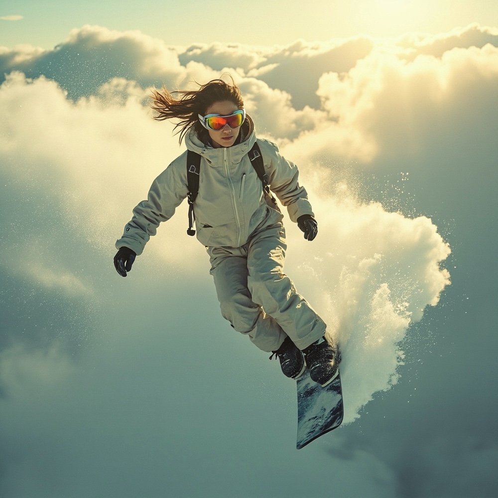 スノーボードをするアジア人女性